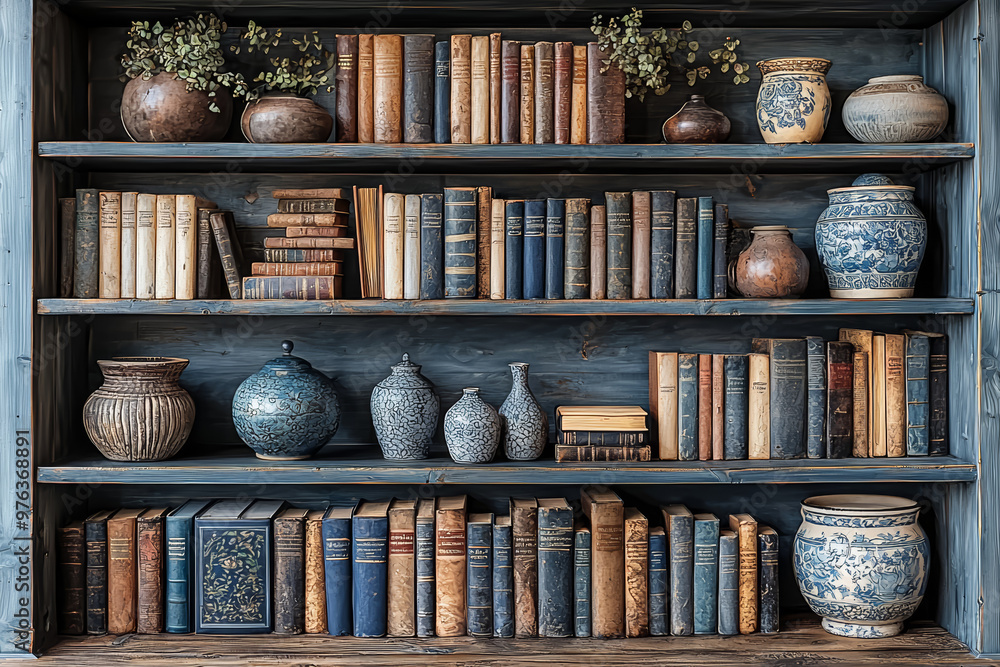 Poster a well-organized bookshelf with a few carefully selected books and decorative objects. concept of mi
