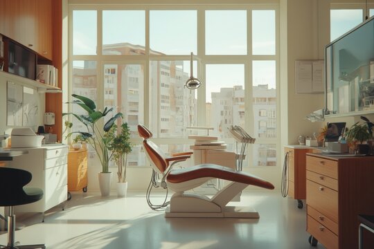 A modern and bright dental clinic, sunlit through large windows, with a central dental chair surrounded by plants and medical equipment.