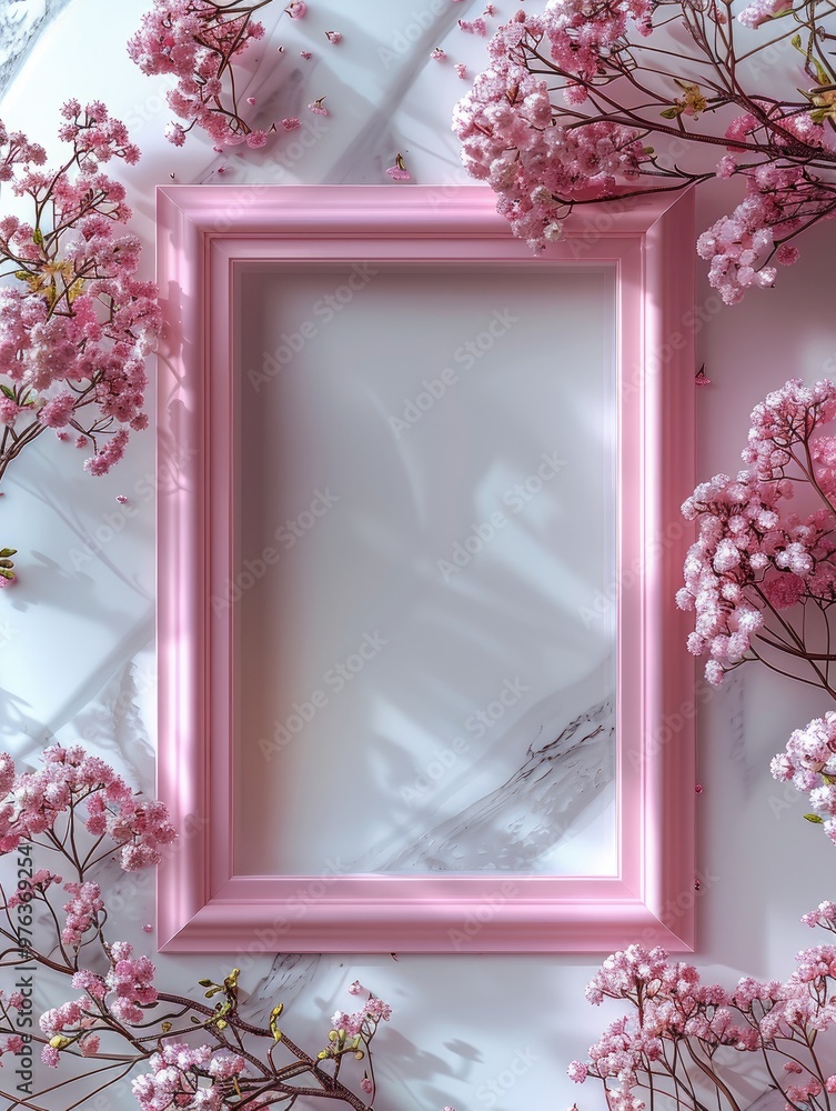 Poster pink photo frame on a white background with small flowers around the edges, flat lay. generative ai.