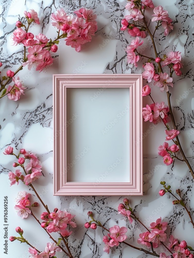 Poster pink photo frame on a white background with small flowers around the edges, flat lay. generative ai.