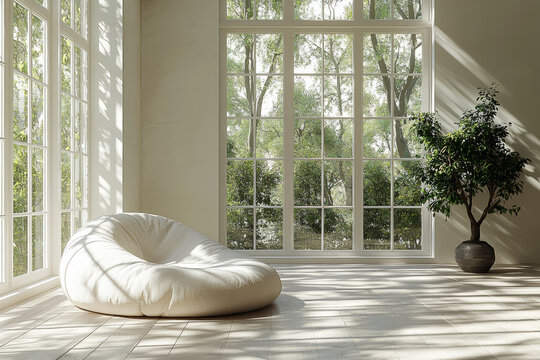 Fototapeta A spacious, airy room with only a few pieces of furniture and large windows. Concept of minimalist living.