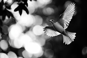 Fototapeta premium A Bird in Flight Soaring Through a Blurred Forest Background on a Bright Sunny Day