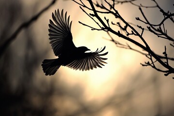 A Bird in Flight Against a Soft Sunset Sky With Silhouetted Branches at Dusk