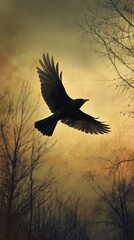 Fototapeta premium A Silhouette of a Bird Soaring Against a Sunset Sky Amidst Barren Trees in Twilight