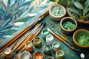 A painting supplies table with a variety of paint colors and brushes