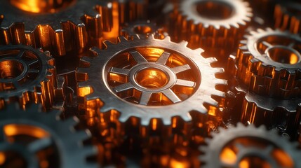 Golden gears intricately meshed together, creating a visual spectacle of precision engineering under warm light.