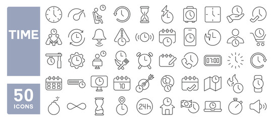 Set of 50 line icons related to time, date, clock, alarm, schedule, hourglass, appointment, wait, calendar, fast, notification, timing, Editable stroke. Vector illustration