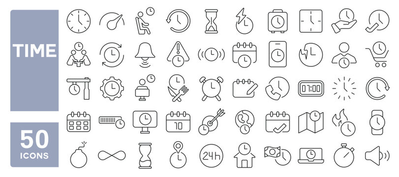 Set of 50 line icons related to time, date, clock, alarm, schedule, hourglass, appointment, wait, calendar, fast, notification, timing, Editable stroke. Vector illustration