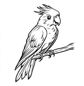 recommend clip art: Detailed Line Drawing of a Cockatoo Perched on a Branch Against a Plain Background
