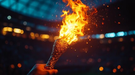 Person holds a burning torch in a stadium during a vibrant sports event celebration