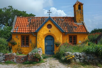 A yellow house with a blue door and a small window