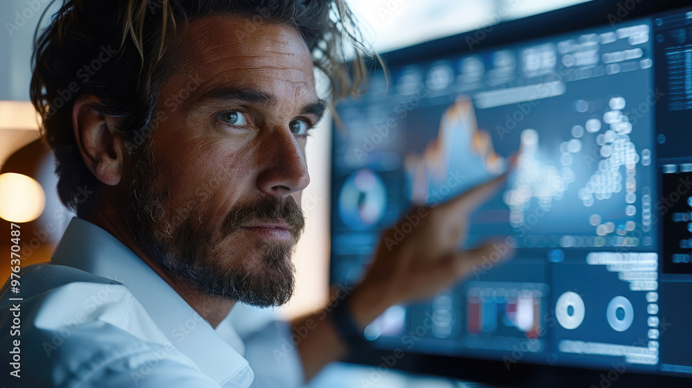 Poster Businessman explaining the plan in a computer screen. Generative AI.