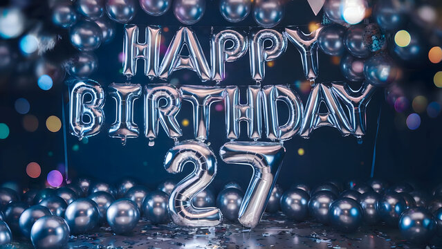 Sparkling 27th Birthday Party with Silver Balloons and Colorful Bokeh Lights in a Festive Dark Setting