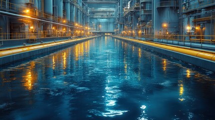 Industrial facility with illuminated water channel and machinery in the background.