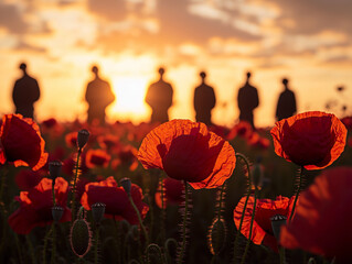 Naklejka premium Bright Red Poppies in Field with Soldiers Silhouetted Against Sunset