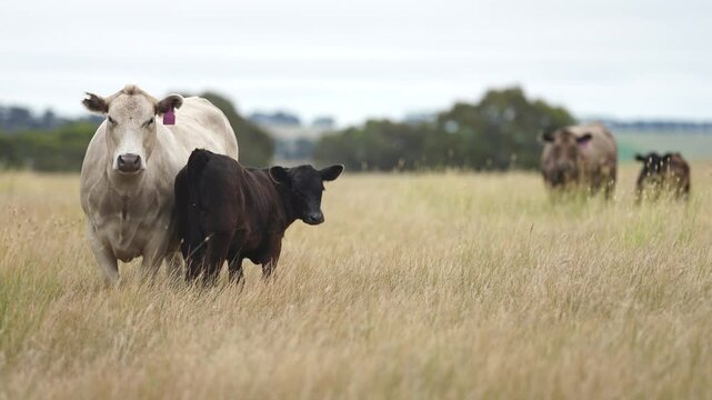 Stud Angus, wagyu, Murray grey, Dairy and beef Cows and Bulls grazing on grass and pasture in a field. The animals are organic and free range, being grown on an agricultural farm in Australia.
