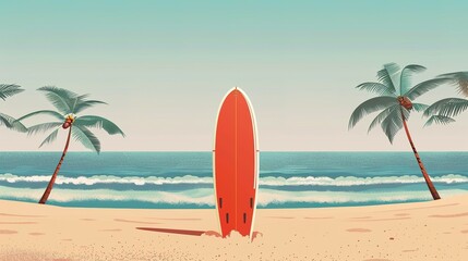 A red surfboard standing on a sandy beach with palm trees and ocean waves in the background