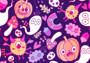 Halloween cute pumpkins seamless monsters pattern for wrapping paper and fabric