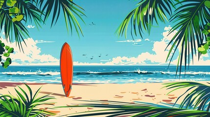 A red surfboard stands on a sandy beach with palm trees in the foreground and a blue ocean in the background.