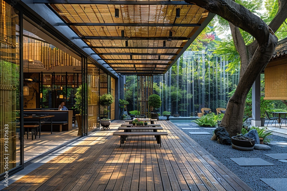 Aufkleber a large open space with a wooden deck and a tree in the background
