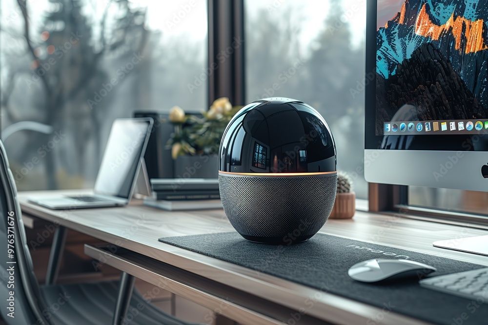 Poster a desk with a computer monitor and a small black ball on a mat