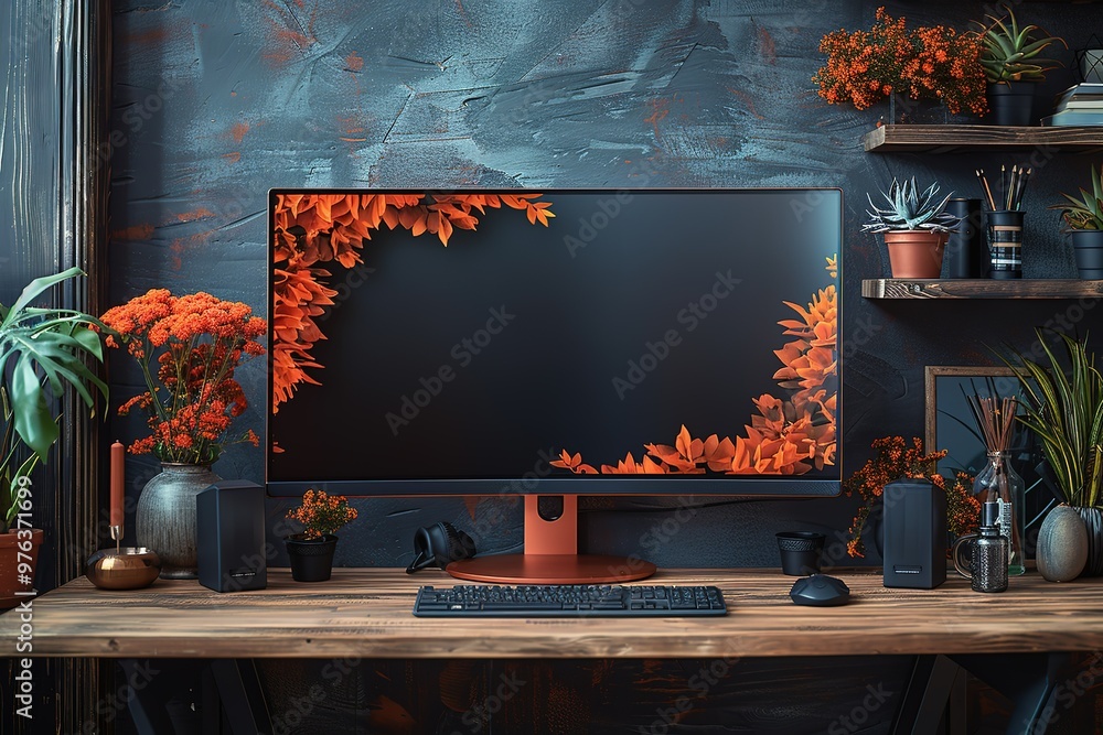 Poster a computer desk with a monitor and keyboard on it