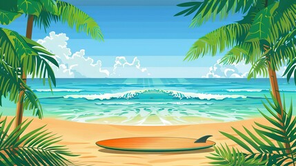 A surfboard resting on a sandy beach with palm trees and ocean waves in the background