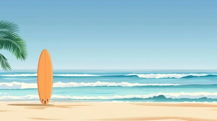 Orange Surfboard on a Sandy Beach with a Palm Tree and Ocean Waves