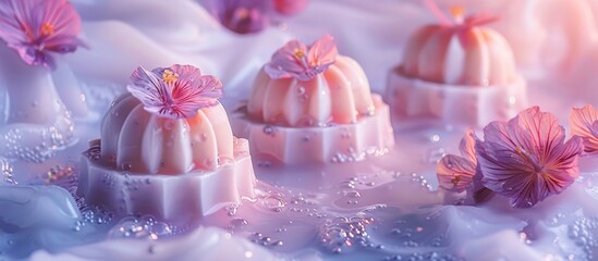 Delicate and visually stunning pink jelly dessert cups with floral petals and a sparkling textured background  This chilled refreshing treat evokes a sense of elegant feminine and indulgence