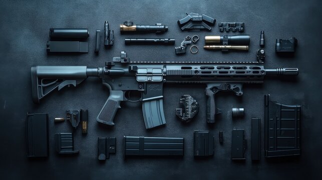 A meticulously arranged AR-15 rifle and its component parts displayed neatly on a dark surface, highlighting the intricacies of the firearm and its accessories.