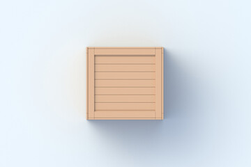 One wooden shipping box on gray background. Transportation crate. Import, export goods. Top view. 3d render