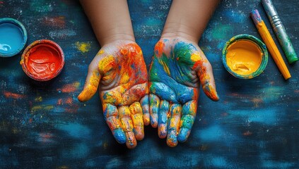 A child's hands are covered in various vibrant paints, surrounded by paint jars and brushes, against a dark background.