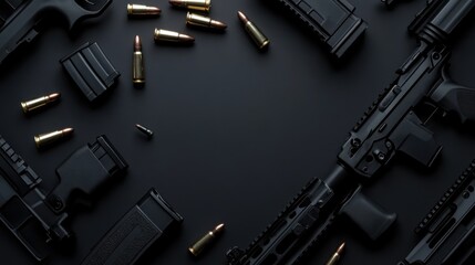 Detailed flat lay of AR-15 rifle parts and scattered bullets arranged strategically on a dark background.