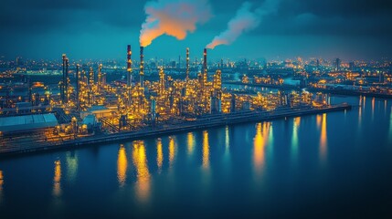Fototapeta premium Vibrant industrial skyline at night with glowing lights and smoke rising from factory chimneys