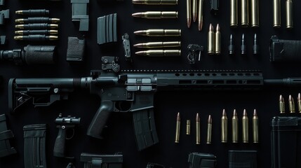 An intricate flat lay of disassembled AR-15 rifle parts and bullets arranged meticulously on a dark surface.