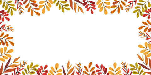 Autumn festive frame with bright branches. Different leaves in red, yellow and green colors. Minimalists flat style.