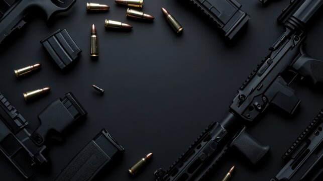 Detailed flat lay of AR-15 rifle parts and scattered bullets arranged strategically on a dark background.