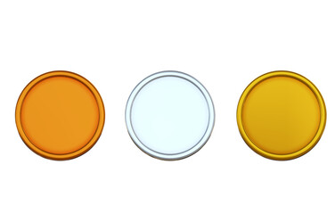 Award golden, silver and bronze blank medals 3d realistic illustration. First, second and third place medals or buttons isolated on png transparent background. Quality blank, empty badge, emblem set.