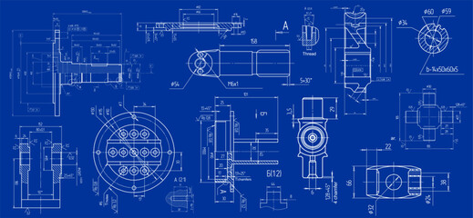 Vector engineering drawing of steel mechanical parts with through holes.
Industrial cad scheme on paper sheet. Technology background. Technic machined design.