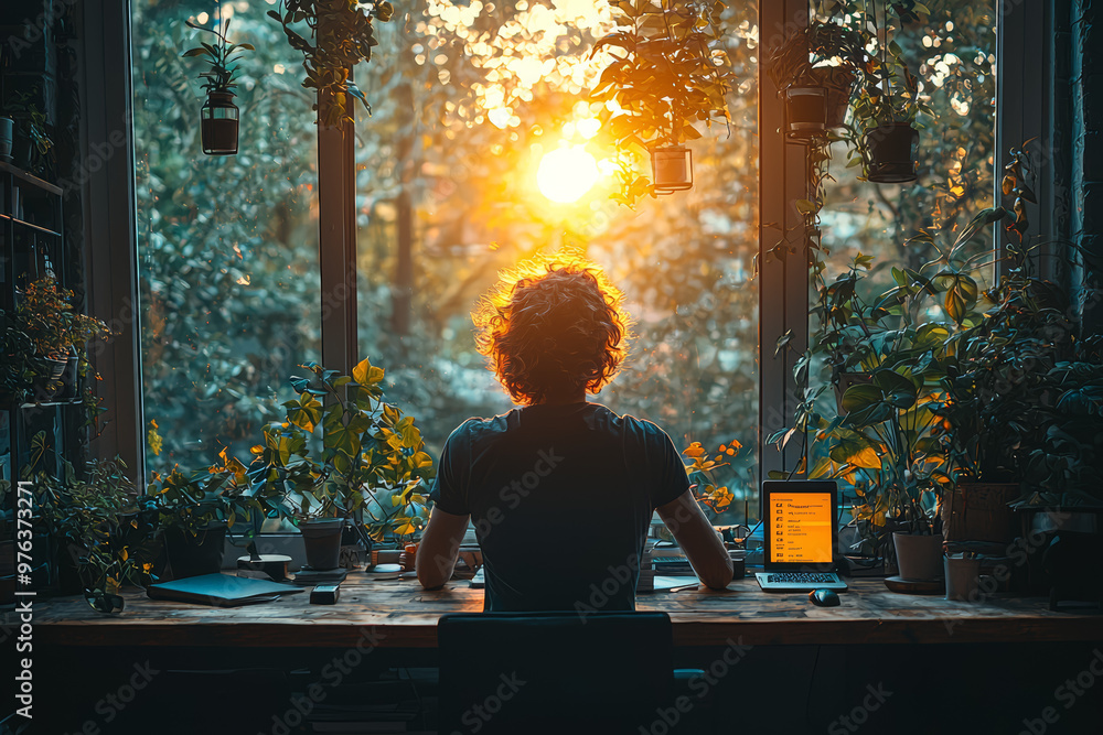 Poster a person taking a break from remote work by stretching and enjoying the view from a home office wind