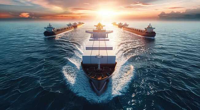 An autonomous fleet of ships transporting goods across the ocean. Generative AI.