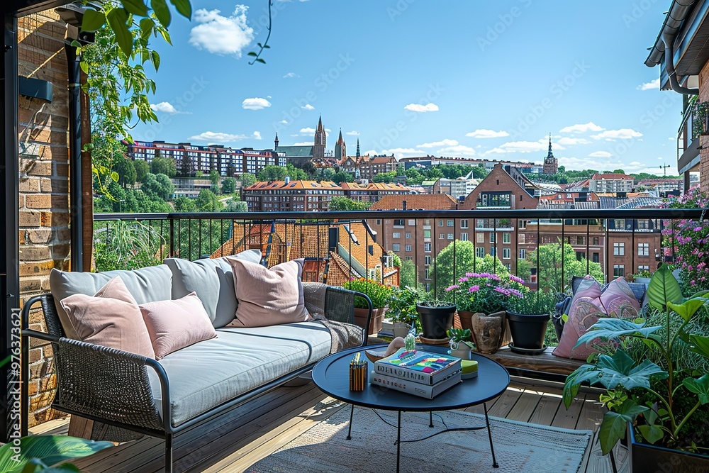 Poster a balcony with a couch and a table with a board game on it
