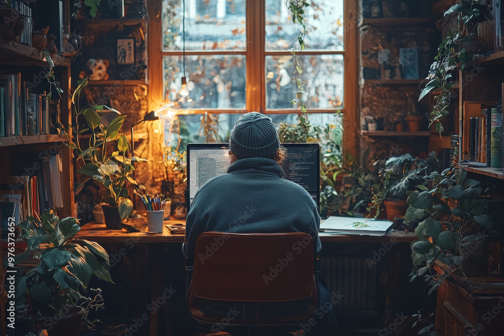 Poster a person in a casual home office setting, using a laptop to attend a virtual workshop. concept of re