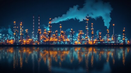 Vibrant industrial skyline at night with glowing lights and smoke rising from factory chimneys
