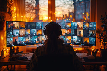 Obraz premium A person holding a video conference call with colleagues, while working from a cozy living room. Concept of remote work culture.