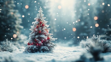 Obraz premium Snow-covered Christmas tree adorned with red ornaments in a tranquil winter forest setting