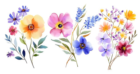 Fototapeta premium Set of watercolor flowers paintings, floral vintage bouquet illustrations with wildflowers and leaves. Designer poster, greeting card, birthday card. Isolated on white.