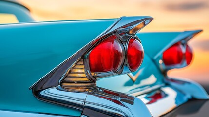 Vintage car with big tail lights against blue sky.