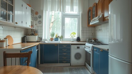A small kitchen in the apartment, with white walls, blue cabinets, and a brown dining table. A bright window on the wall, a refrigerator near the sink and stove. Generative AI.