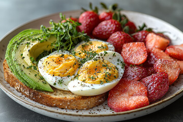 A balanced breakfast plate featuring avocado toast, eggs, and fresh fruit. Concept of a nutritious start to the day.